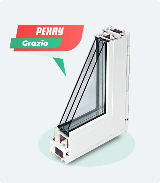 Пластиковое окно из профиля РЕХАУ Grazio с плавными скосами и закругленными углами в светлом интерьере